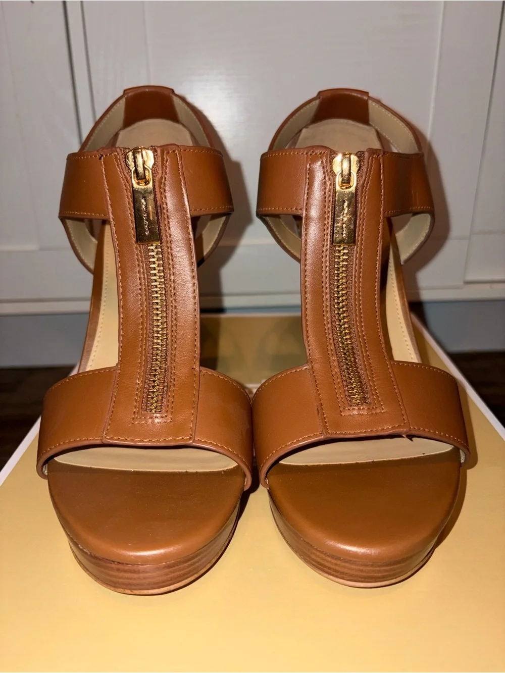 Michael Kors Tan Leather Platform T-Strap Sandals with Gold Zip
